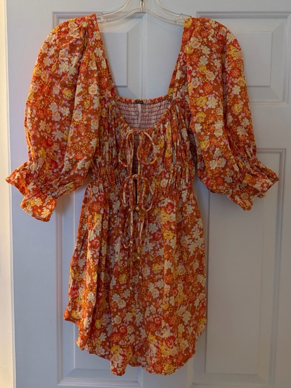 Free People Orange Floral Puff-Sleeve Smocked Mini Dress
